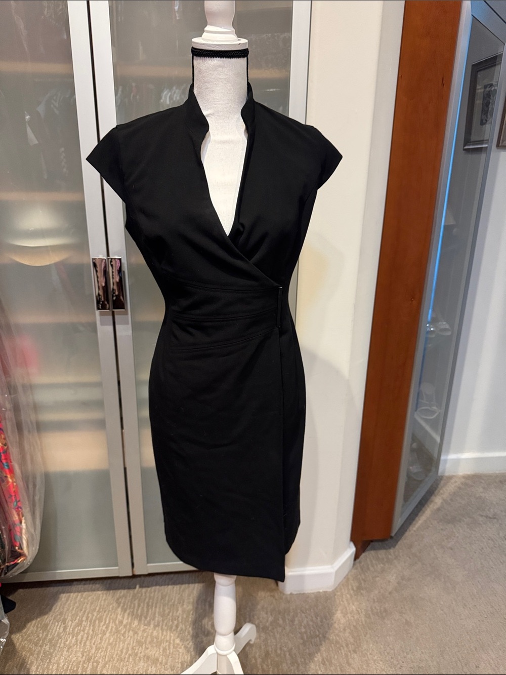 Calvin Klein Black Cap-Sleeve Wrap Sheath Midi Dress